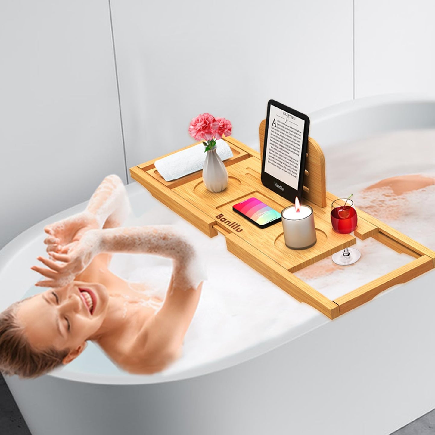 Premium Bamboo Bathtub Tray Caddy-Expandable Size, Fits Most Bath Tubs