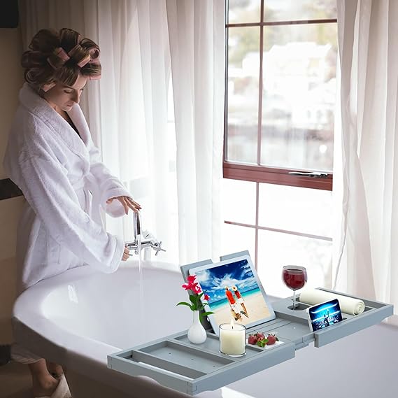 Premium Bamboo Bathtub Tray Caddy-Expandable Size, Fits Most Bath Tubs