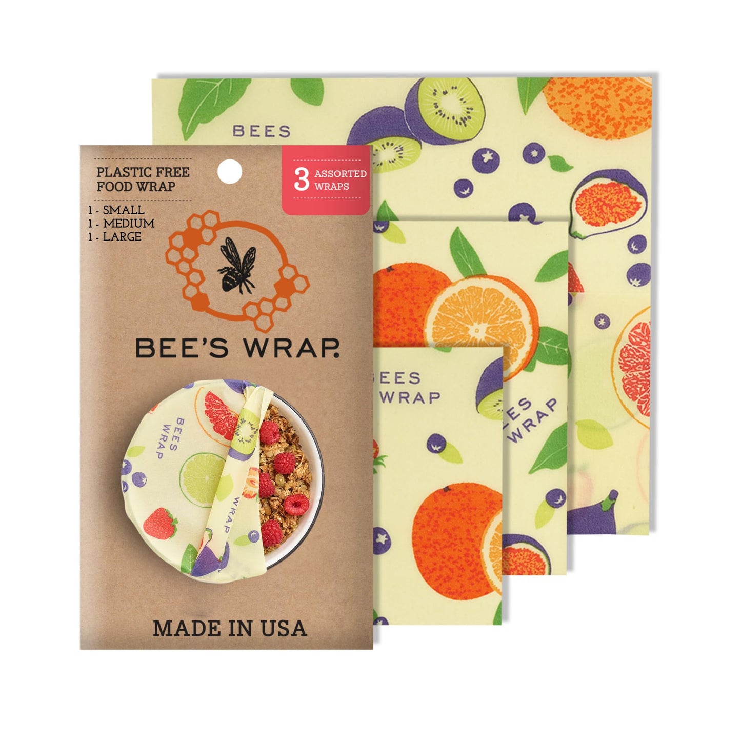 Bee's Wrap Beeswax Wraps for Food - Honeycomb 3 Pack (S, M, L) Made in USA Reusable & Organic Food Wraps, Sandwich Wrap & Bowl Covers - Eco-Friendly Alternative to Aluminum Foil & Plastic Wrap