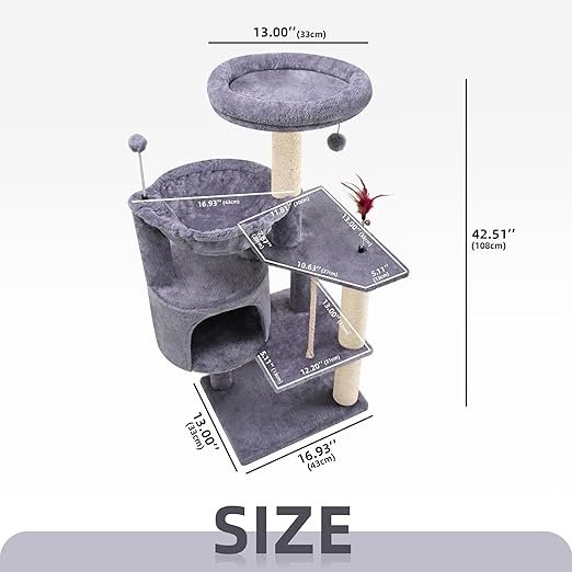 TINWEIUS 42.5'' Cat Tree for Indor Cats, Multifunctional Cat Tower with Cozy Condo, Perches, Scratching Posts and Hammock