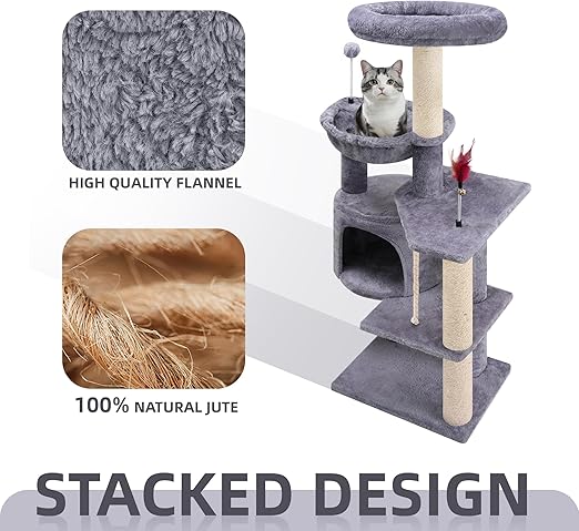 TINWEIUS 42.5'' Cat Tree for Indor Cats, Multifunctional Cat Tower with Cozy Condo, Perches, Scratching Posts and Hammock