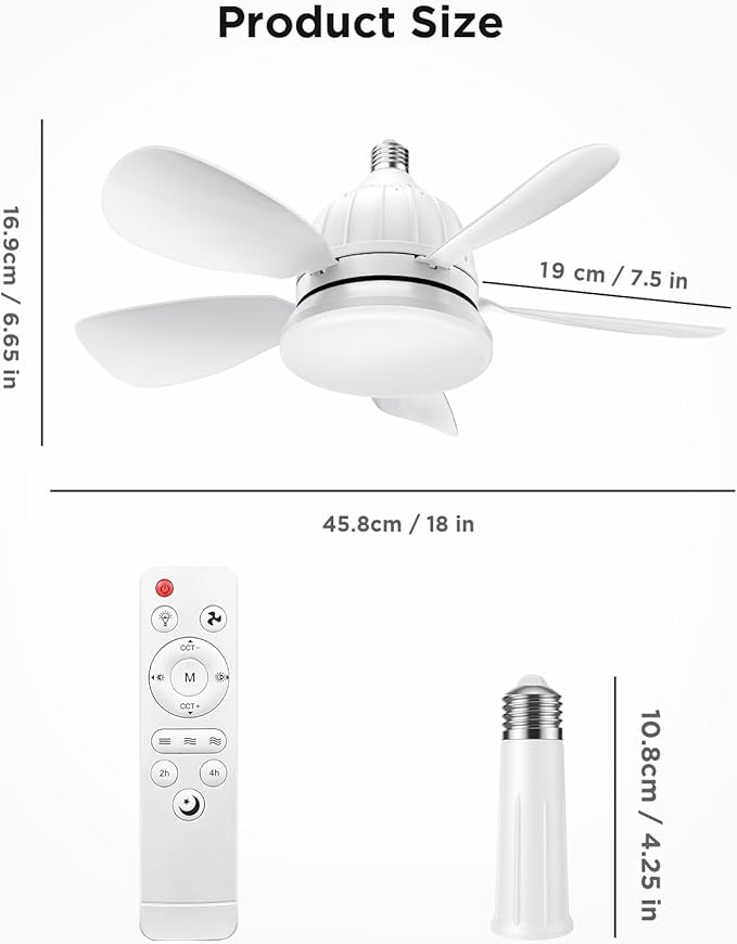 BreezeGlow 2000L Socket Fan Light with Remote – Dimmable LED Bulb, 3 Color Temperatures (3000K-6500K), E26 Base, Easy Installation for Bedroom, Kitchen, Garage