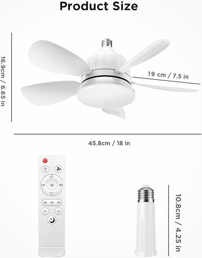BreezeGlow 2000L Socket Fan Light with Remote – Dimmable LED Bulb, 3 Color Temperatures (3000K-6500K), E26 Base, Easy Installation for Bedroom, Kitchen, Garage