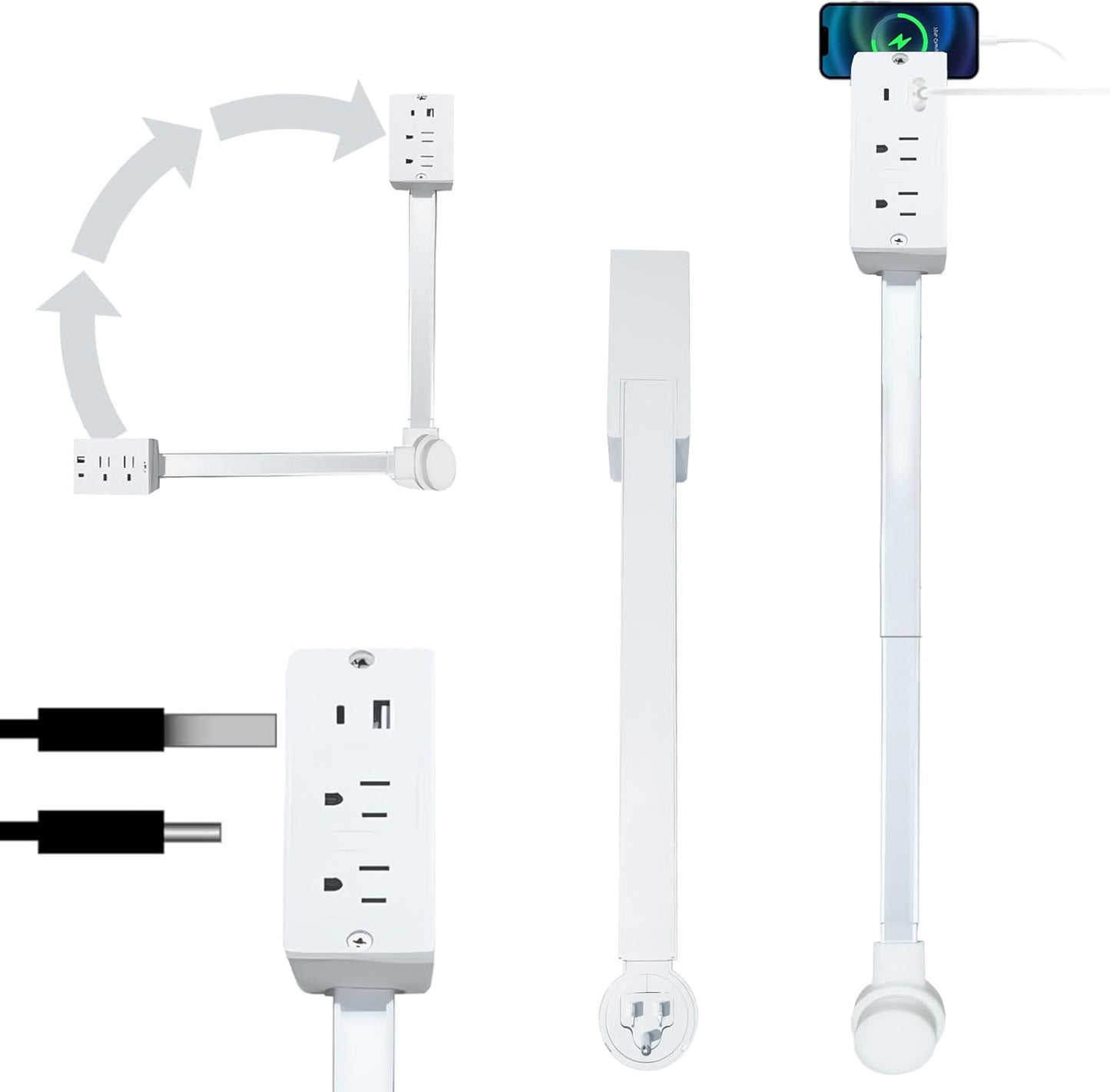 Electrical Outlet Extender Features USB-A, USB-C, and 2 AC Electrical Outlet Extender Stick for Hard to Reach Spaces Extends 22"-34", Rotates 180°. Use Behind Couches, Nightstands, Desks, and More