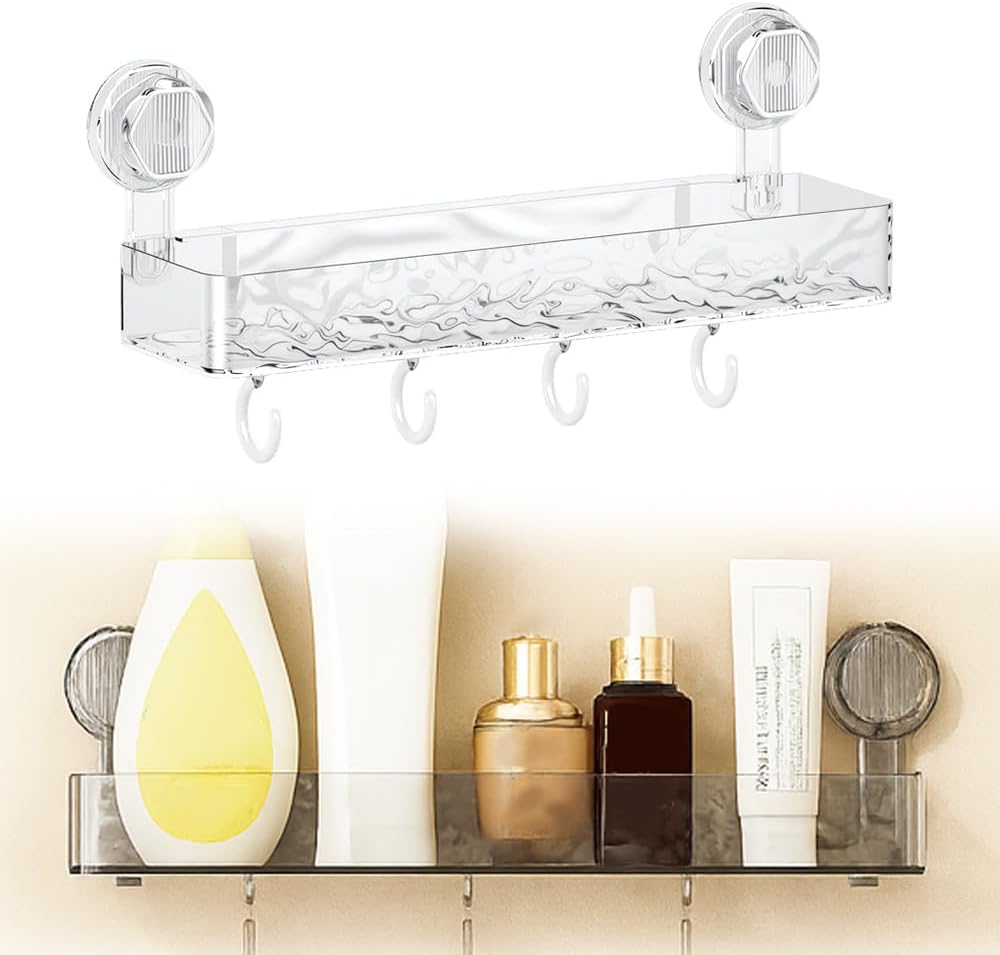 Corrugated Suction Cup Storage Holder, 2025 New Suction Cup Shower Shelf Plastic Shower Caddy, No-Drill Bathroom Kitchen Organizers and Storage with Hooks (White)