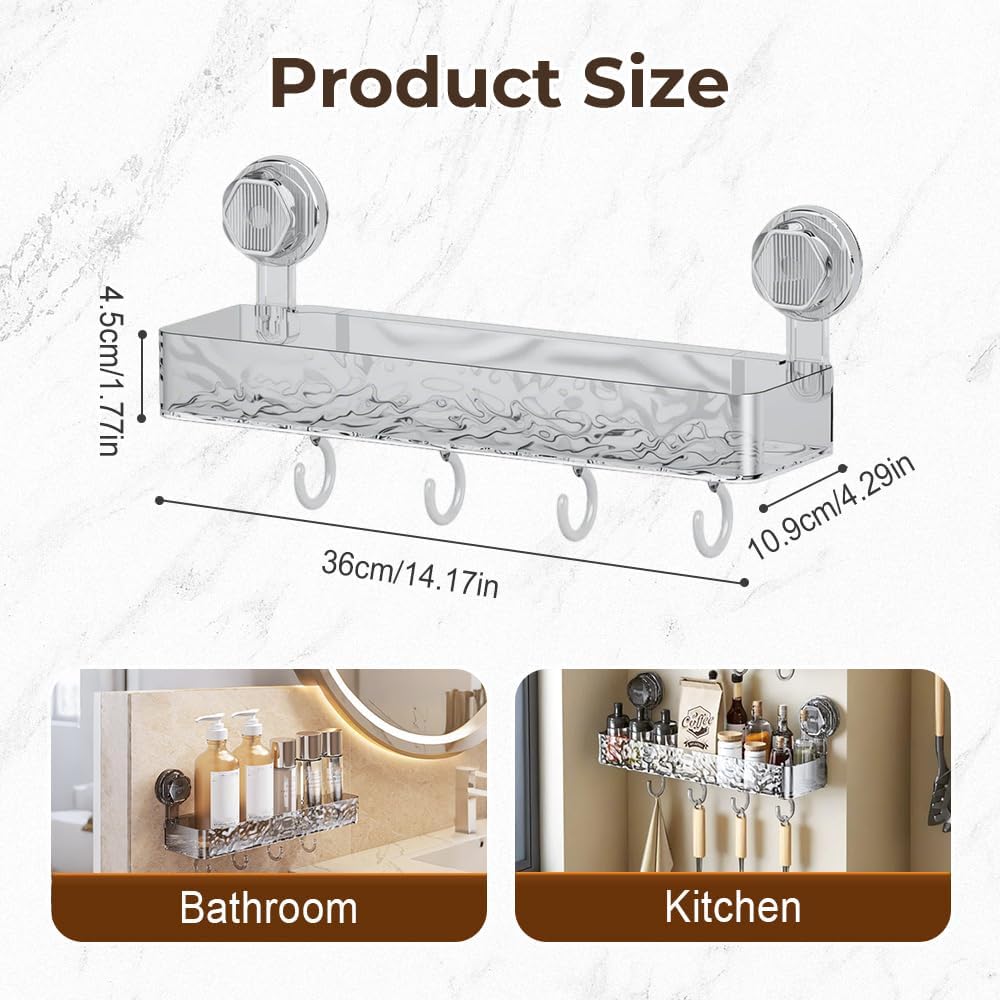 Corrugated Suction Cup Storage Holder, 2025 New Suction Cup Shower Shelf Plastic Shower Caddy, No-Drill Bathroom Kitchen Organizers and Storage with Hooks (White)