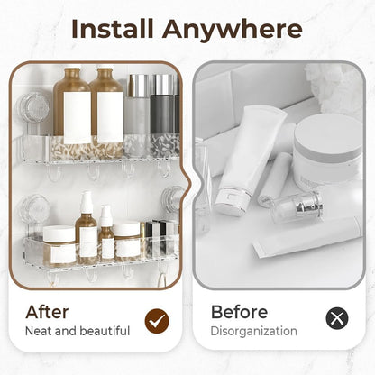 Corrugated Suction Cup Storage Holder, 2025 New Suction Cup Shower Shelf Plastic Shower Caddy, No-Drill Bathroom Kitchen Organizers and Storage with Hooks (White)