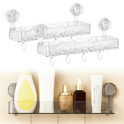 Corrugated Suction Cup Storage Holder, 2025 New Suction Cup Shower Shelf Plastic Shower Caddy, No-Drill Bathroom Kitchen Organizers and Storage with Hooks (White)