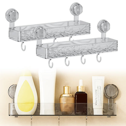 Corrugated Suction Cup Storage Holder, 2025 New Suction Cup Shower Shelf Plastic Shower Caddy, No-Drill Bathroom Kitchen Organizers and Storage with Hooks (White)