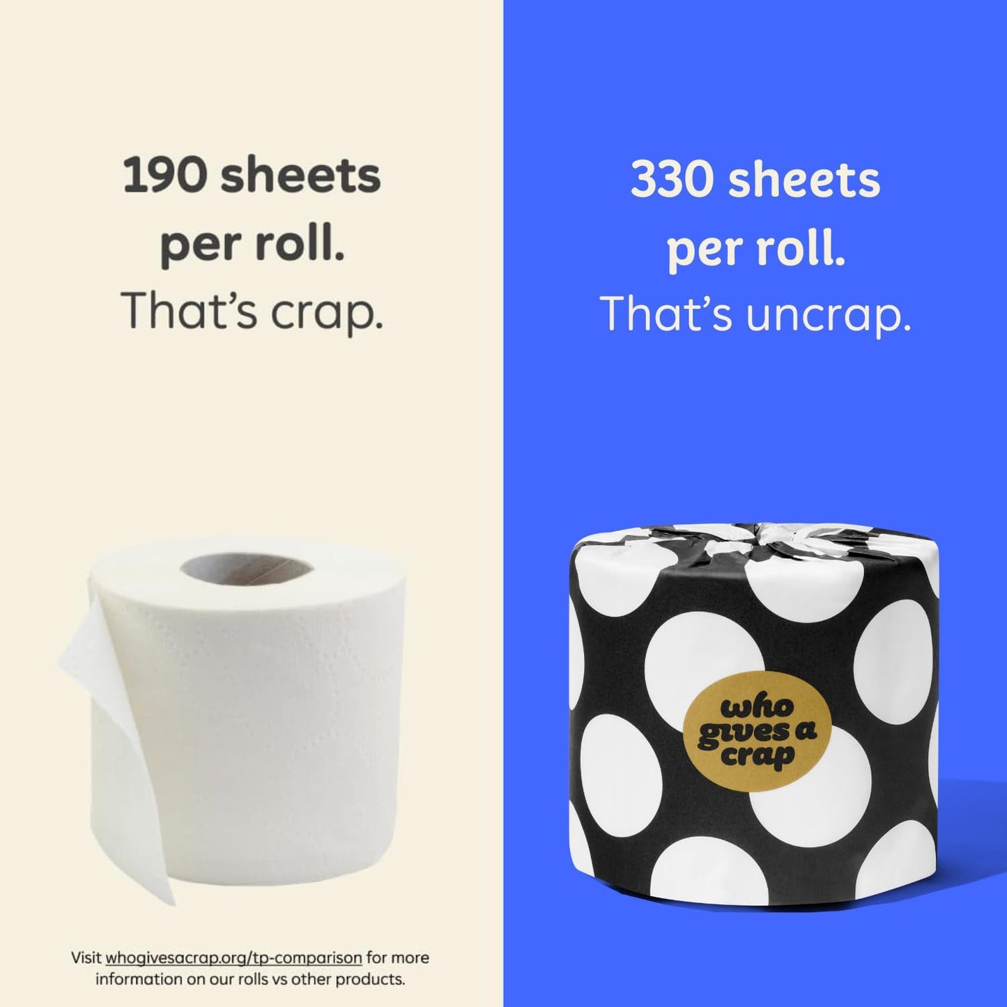 Who Gives A Crap 100% Bamboo Toilet Paper, 24 Rolls, 3 Ply, 330 Sheets, Long, Strong & Soft Toilet Tissue, Sustainable, Biodegradable, Renewable, Tree Free Bathroom Tissue Made with Bamboo Fibers