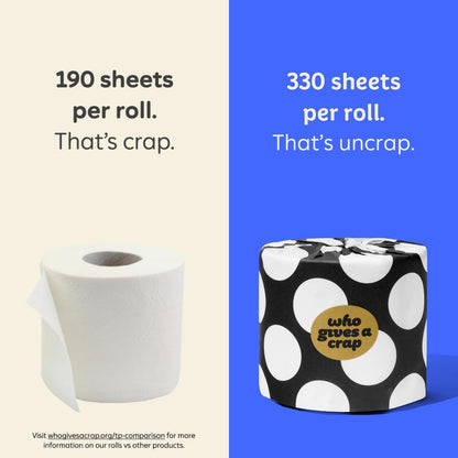 Who Gives A Crap 100% Bamboo Toilet Paper, 24 Rolls, 3 Ply, 330 Sheets, Long, Strong & Soft Toilet Tissue, Sustainable, Biodegradable, Renewable, Tree Free Bathroom Tissue Made with Bamboo Fibers