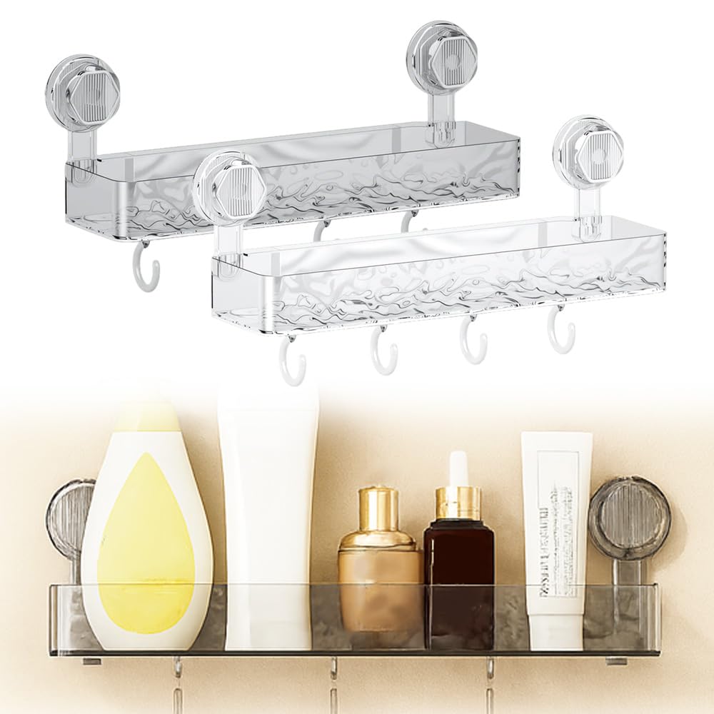Corrugated Suction Cup Storage Holder, 2025 New Suction Cup Shower Shelf Plastic Shower Caddy, No-Drill Bathroom Kitchen Organizers and Storage with Hooks (White)