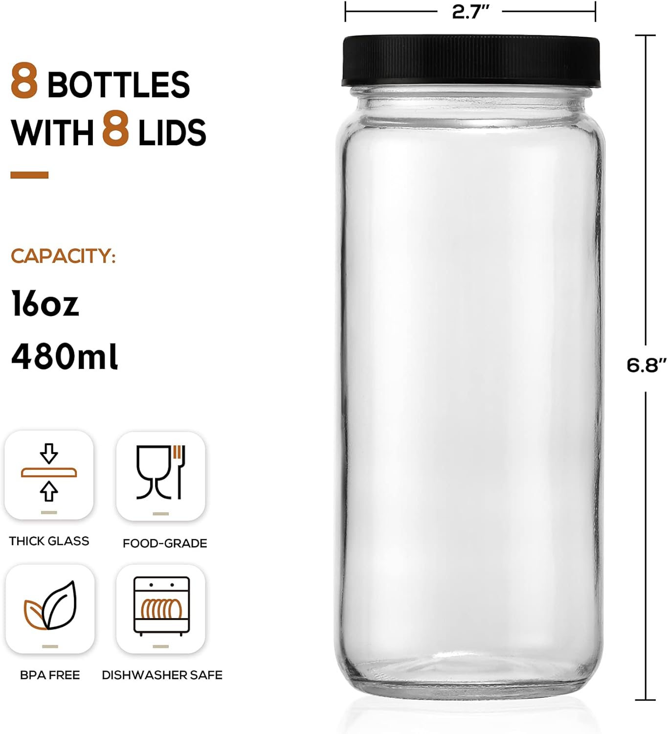 [ 8 Pack ] Glass Juicing Bottles with 2 Straws & 2 Lids w Hole- 16 OZ Travel Drinking Jars, Water Cups with Black Airtight Lids, Reusable Tall Mason Jar for Juice, Bubble Tea, Smoothie, Tea, Kombucha