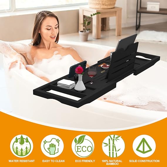 Premium Bamboo Bathtub Tray Caddy-Expandable Size, Fits Most Bath Tubs