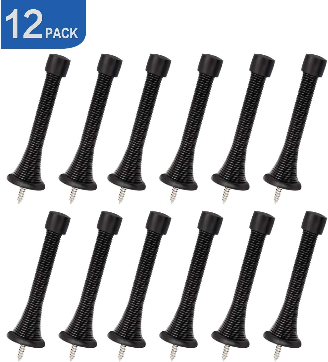 HOMOTEK 12 Pack Black Spring Door Stops,3-1/8" Heavy Duty - Flexible Door Stopper with Low Mounted Black Rubber Bumper Tips