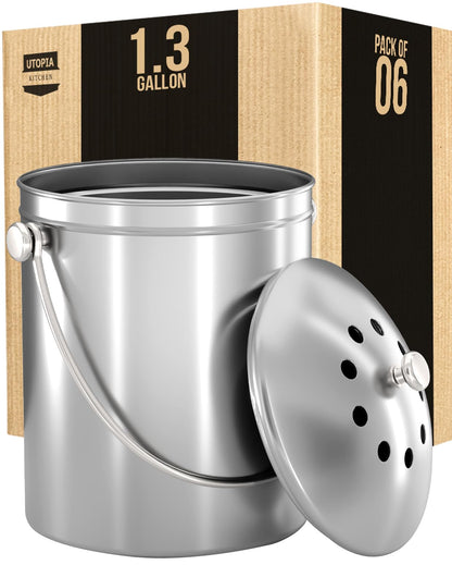 Utopia Kitchen Compost Bin for Kitchen Countertop, 1.3 Gallon Compost Bucket for Kitchen with Lid, Includes 1 Spare Charcoal Filter, Home Essentials - (Silver)