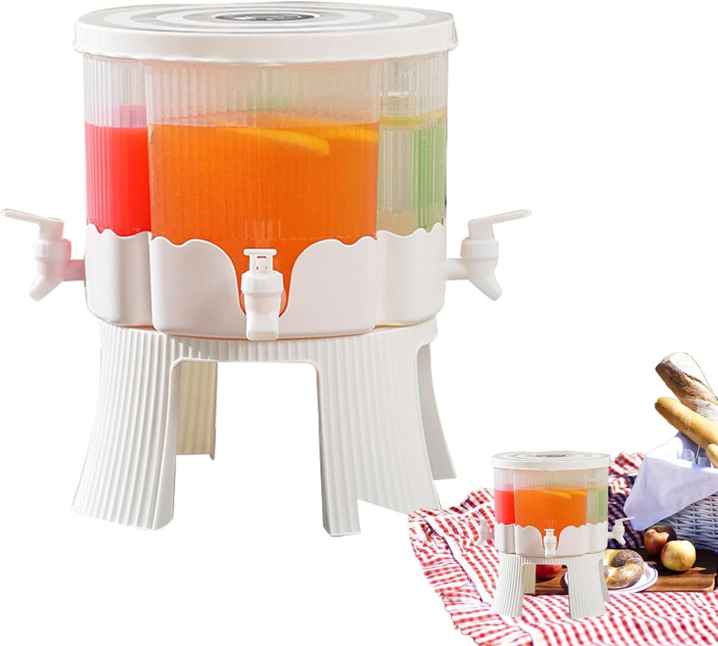 4 Grids Beverage Dispenser with Stand, 360° Rotatable Drink Dispenser for Parties, 1.5 Gallon Juice Container with Lid for Fridge, P-lastic Water Dispenser with Spigot for Juice, Lemonade, Iced Tea