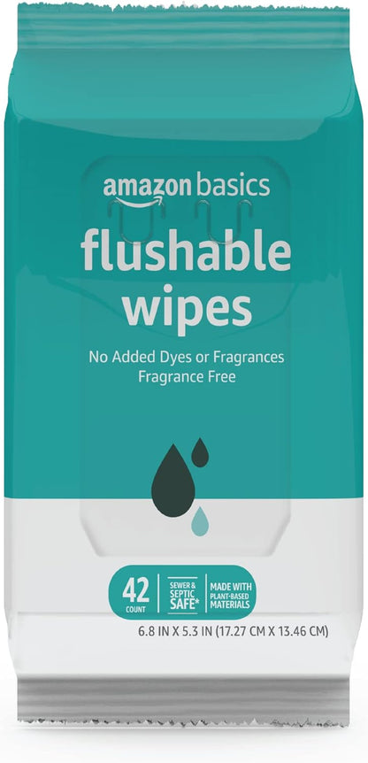 Amazon Basics Adult Wet Wipes Flushable Fragrance Free, 126 Count (3 Packs of 42) Packaging May Vary