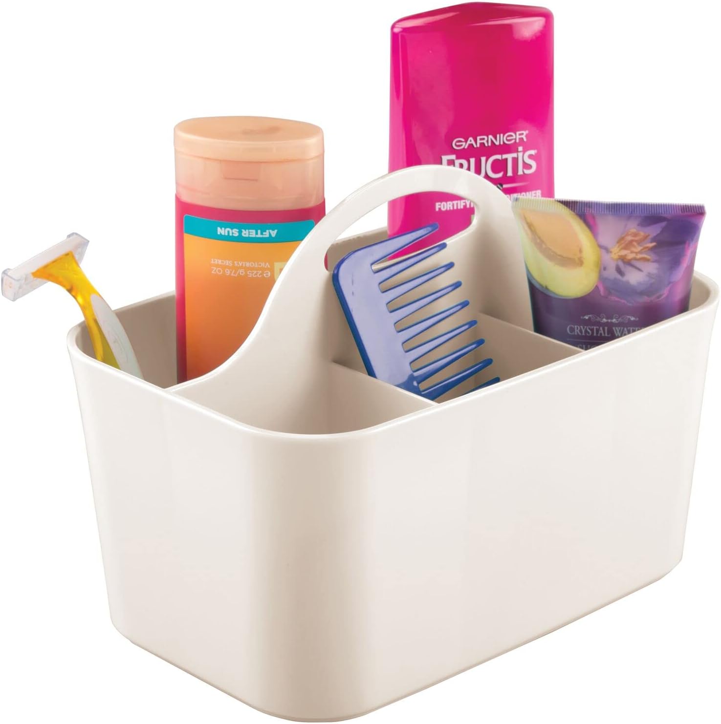 mDesign Small Plastic Shower/Bath Storage Organizer Caddy Tote with Handle for Dorm, Shelf, Cabinet - Hold Soap, Shampoo, Conditioner, Combs, Brushes, Lumiere Collection, Cream/Beige