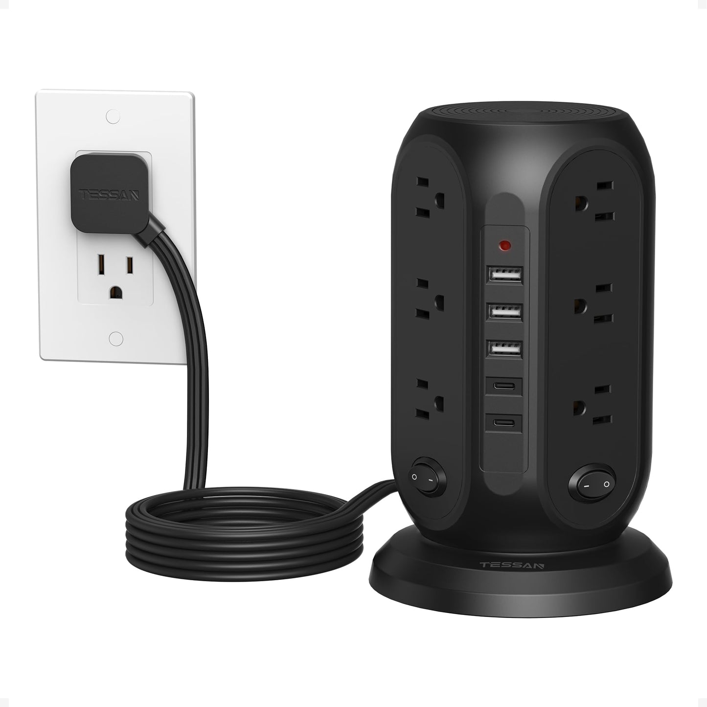 Tower Power Strip with Individual Switches, TESSAN Surge Protector with 12 Outlets, 5 USB Ports(2 USB C), Flat Extension Cord 10 Ft, Flat Plug, Charging Station for Multiple Devices, for Office, Dorm