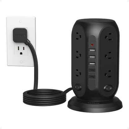 Tower Power Strip with Individual Switches, TESSAN Surge Protector with 12 Outlets, 5 USB Ports(2 USB C), Flat Extension Cord 10 Ft, Flat Plug, Charging Station for Multiple Devices, for Office, Dorm