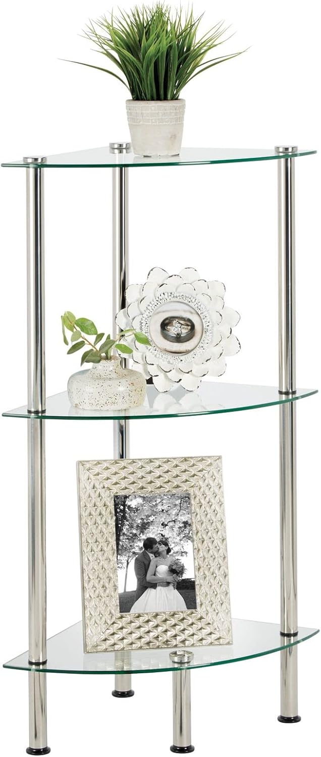 mDesign Modern Glass Corner 3-Tier Storage Organizer Tower Cabinet with Open Shelves - Household Furniture for Bathroom, Office, Bedroom, Living Room - Holds Books, Plants, Candles - Chrome/Clear