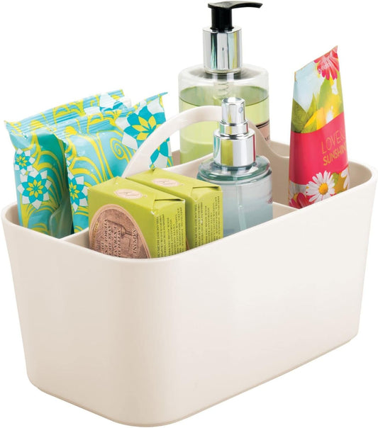 mDesign Small Plastic Shower/Bath Storage Organizer Caddy Tote with Handle for Dorm, Shelf, Cabinet - Hold Soap, Shampoo, Conditioner, Combs, Brushes, Lumiere Collection, Cream/Beige