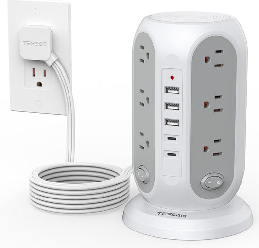 Tower Power Strip with Individual Switches, TESSAN Surge Protector with 12 Outlets, 5 USB Ports(2 USB C), Flat Extension Cord 10 Ft, Flat Plug, Charging Station for Multiple Devices, for Office, Dorm