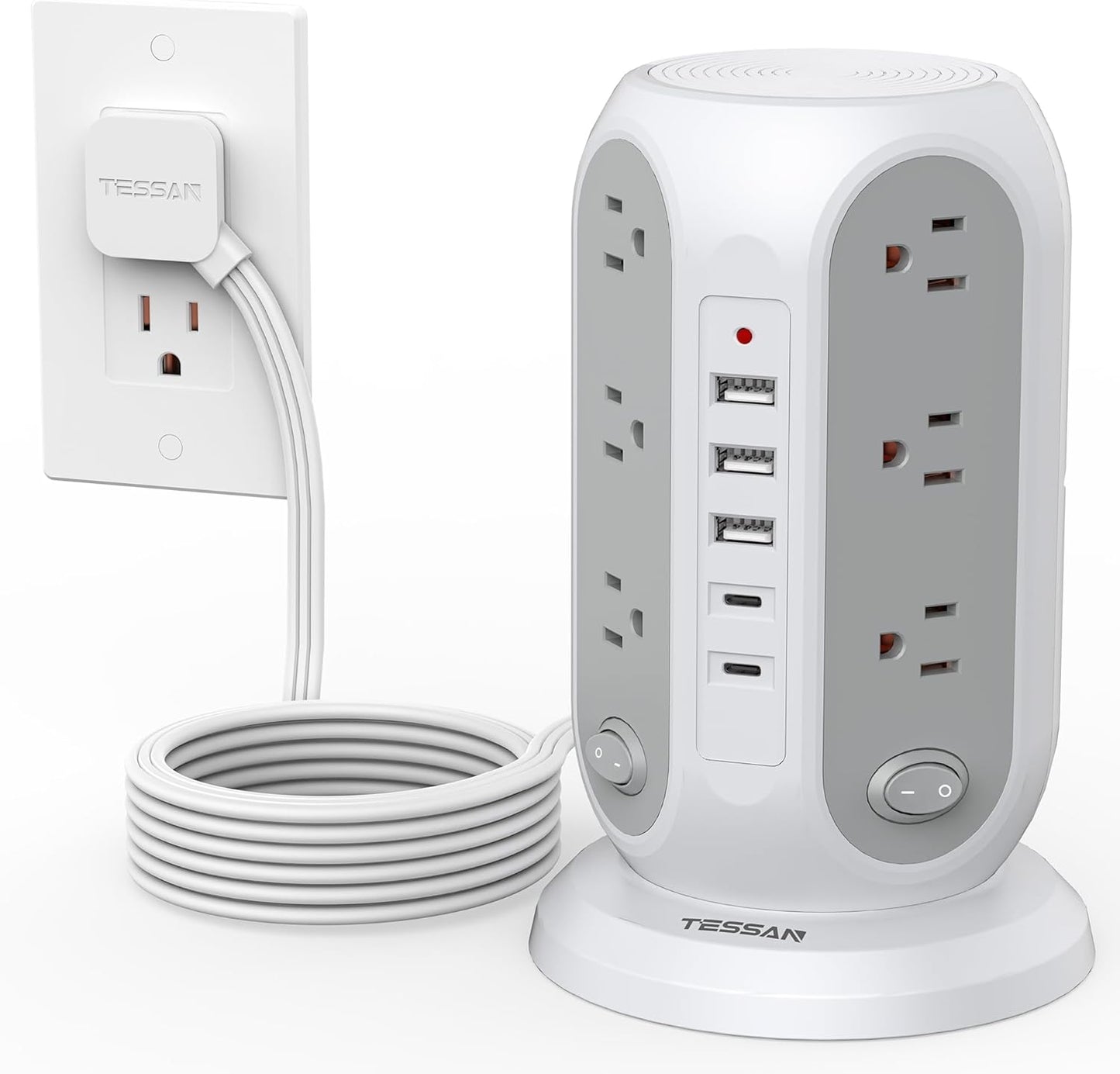Tower Power Strip with Individual Switches, TESSAN Surge Protector with 12 Outlets, 5 USB Ports(2 USB C), Flat Extension Cord 10 Ft, Flat Plug, Charging Station for Multiple Devices, for Office, Dorm
