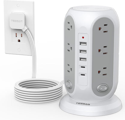 Tower Power Strip with Individual Switches, TESSAN Surge Protector with 12 Outlets, 5 USB Ports(2 USB C), Flat Extension Cord 10 Ft, Flat Plug, Charging Station for Multiple Devices, for Office, Dorm