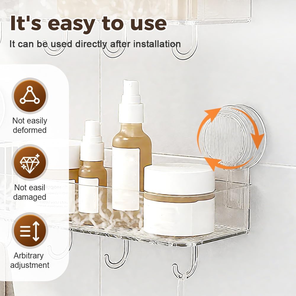Corrugated Suction Cup Storage Holder, 2025 New Suction Cup Shower Shelf Plastic Shower Caddy, No-Drill Bathroom Kitchen Organizers and Storage with Hooks (White)