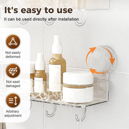 Corrugated Suction Cup Storage Holder, 2025 New Suction Cup Shower Shelf Plastic Shower Caddy, No-Drill Bathroom Kitchen Organizers and Storage with Hooks (White)