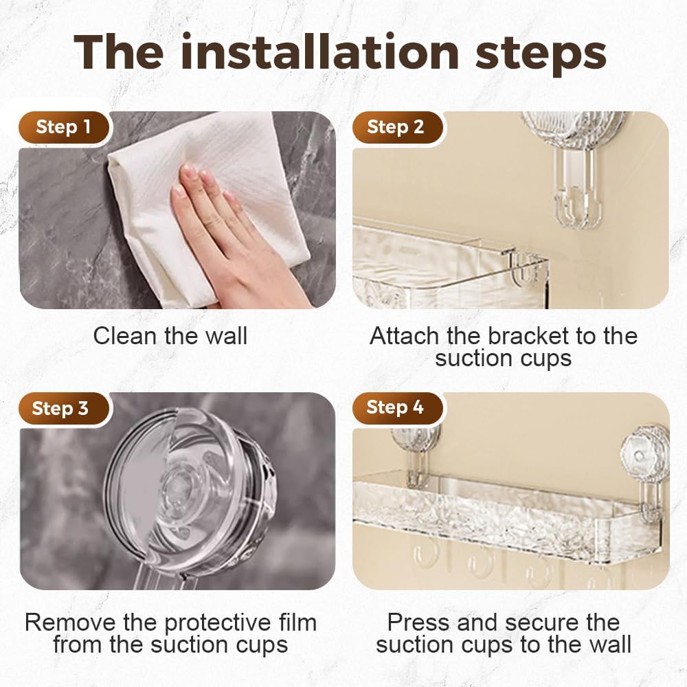 Corrugated Suction Cup Storage Holder, 2025 New Suction Cup Shower Shelf Plastic Shower Caddy, No-Drill Bathroom Kitchen Organizers and Storage with Hooks (White)