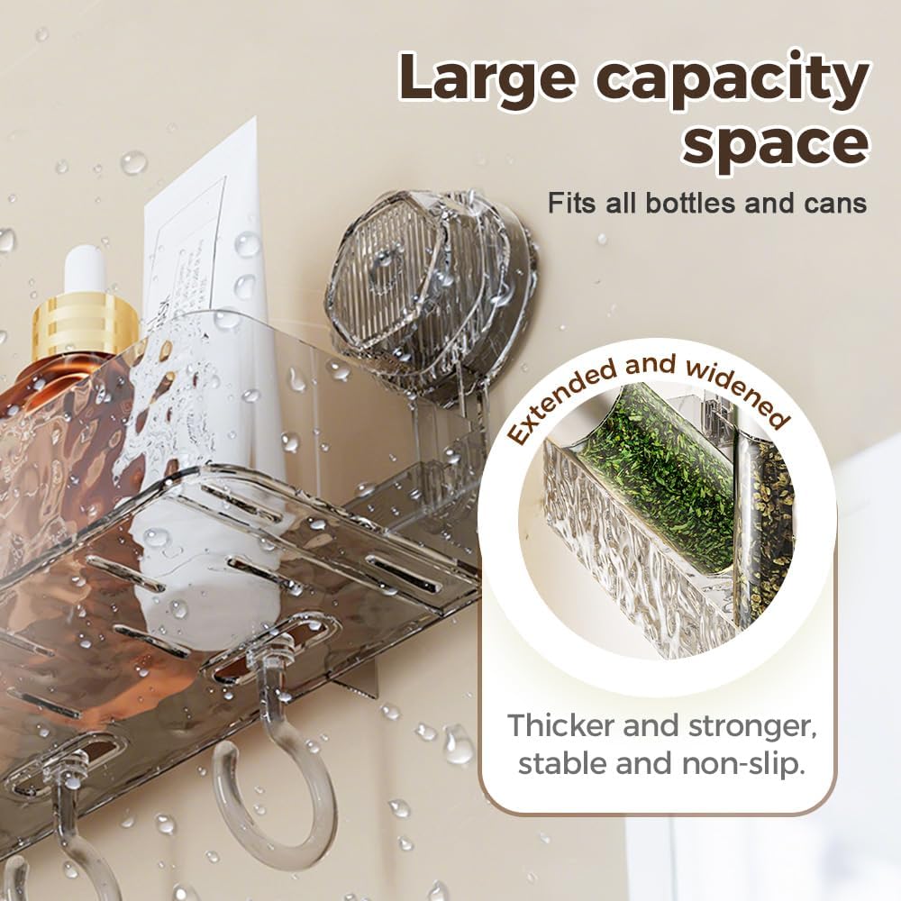 Corrugated Suction Cup Storage Holder, 2025 New Suction Cup Shower Shelf Plastic Shower Caddy, No-Drill Bathroom Kitchen Organizers and Storage with Hooks (White)