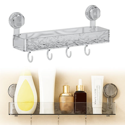 Corrugated Suction Cup Storage Holder, 2025 New Suction Cup Shower Shelf Plastic Shower Caddy, No-Drill Bathroom Kitchen Organizers and Storage with Hooks (White)