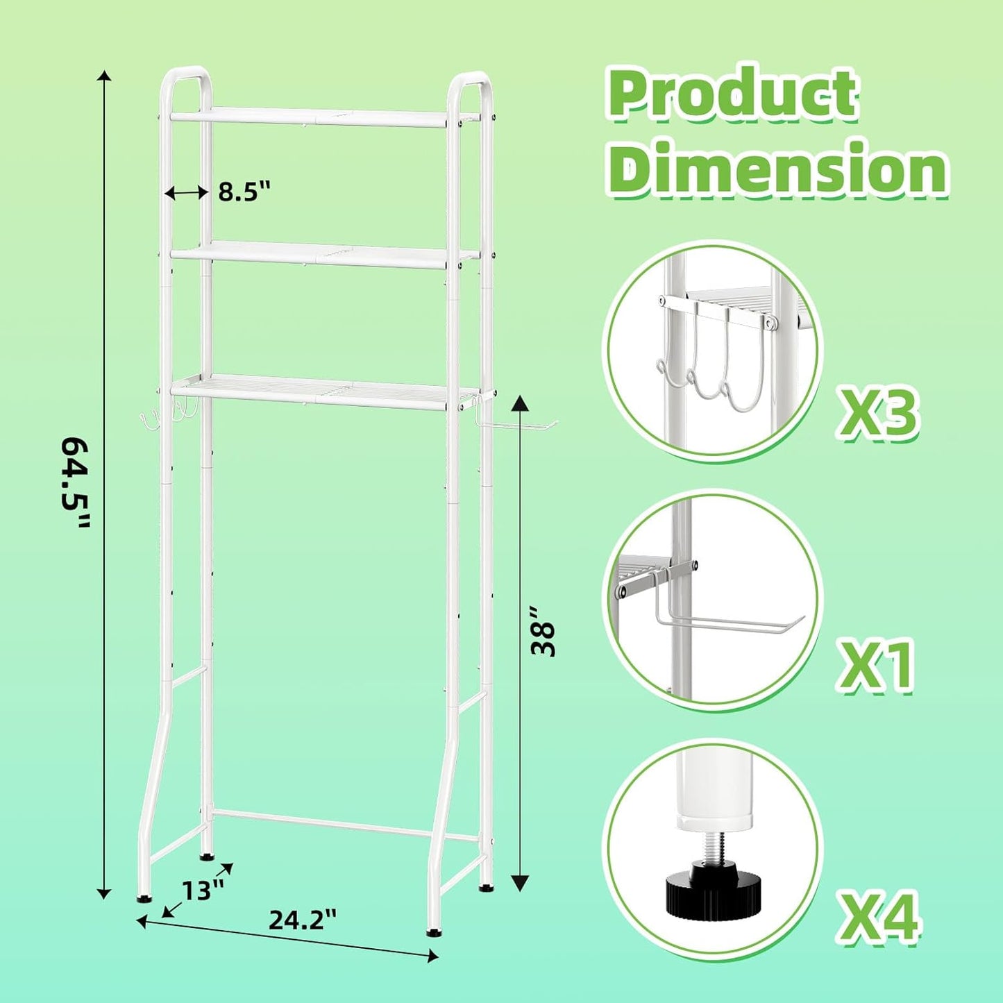 Simple Trending Over The Toilet Storage Rack, Metal 3 Tier Bathroom Organizer Shelf with Paper Holder and 3 Hooks, White