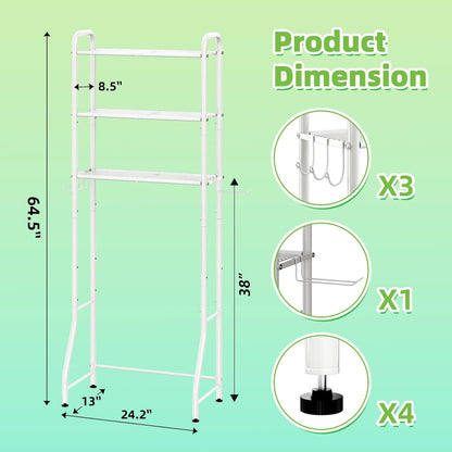 Simple Trending Over The Toilet Storage Rack, Metal 3 Tier Bathroom Organizer Shelf with Paper Holder and 3 Hooks, White