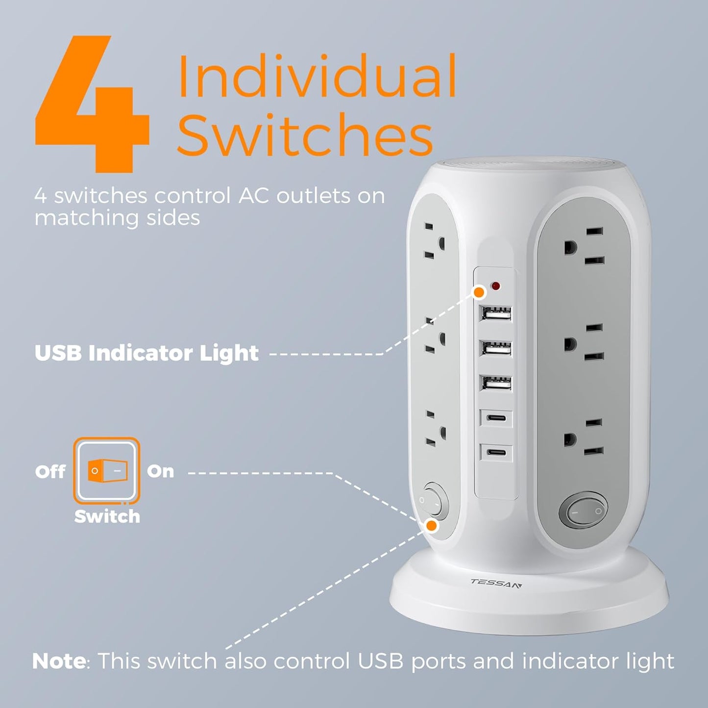 Tower Power Strip with Individual Switches, TESSAN Surge Protector with 12 Outlets, 5 USB Ports(2 USB C), Flat Extension Cord 10 Ft, Flat Plug, Charging Station for Multiple Devices, for Office, Dorm