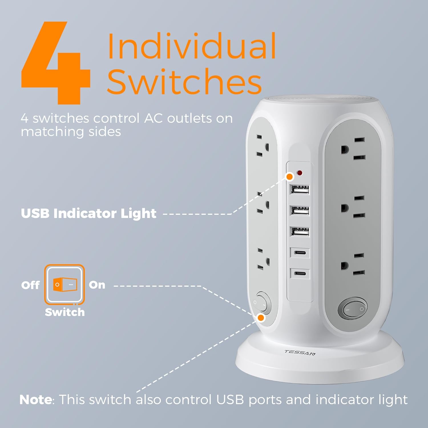 Tower Power Strip with Individual Switches, TESSAN Surge Protector with 12 Outlets, 5 USB Ports(2 USB C), Flat Extension Cord 10 Ft, Flat Plug, Charging Station for Multiple Devices, for Office, Dorm