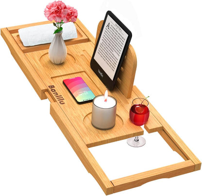 Premium Bamboo Bathtub Tray Caddy-Expandable Size, Fits Most Bath Tubs
