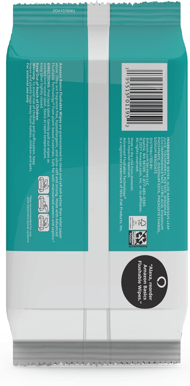 Amazon Basics Adult Wet Wipes Flushable Fragrance Free, 126 Count (3 Packs of 42) Packaging May Vary