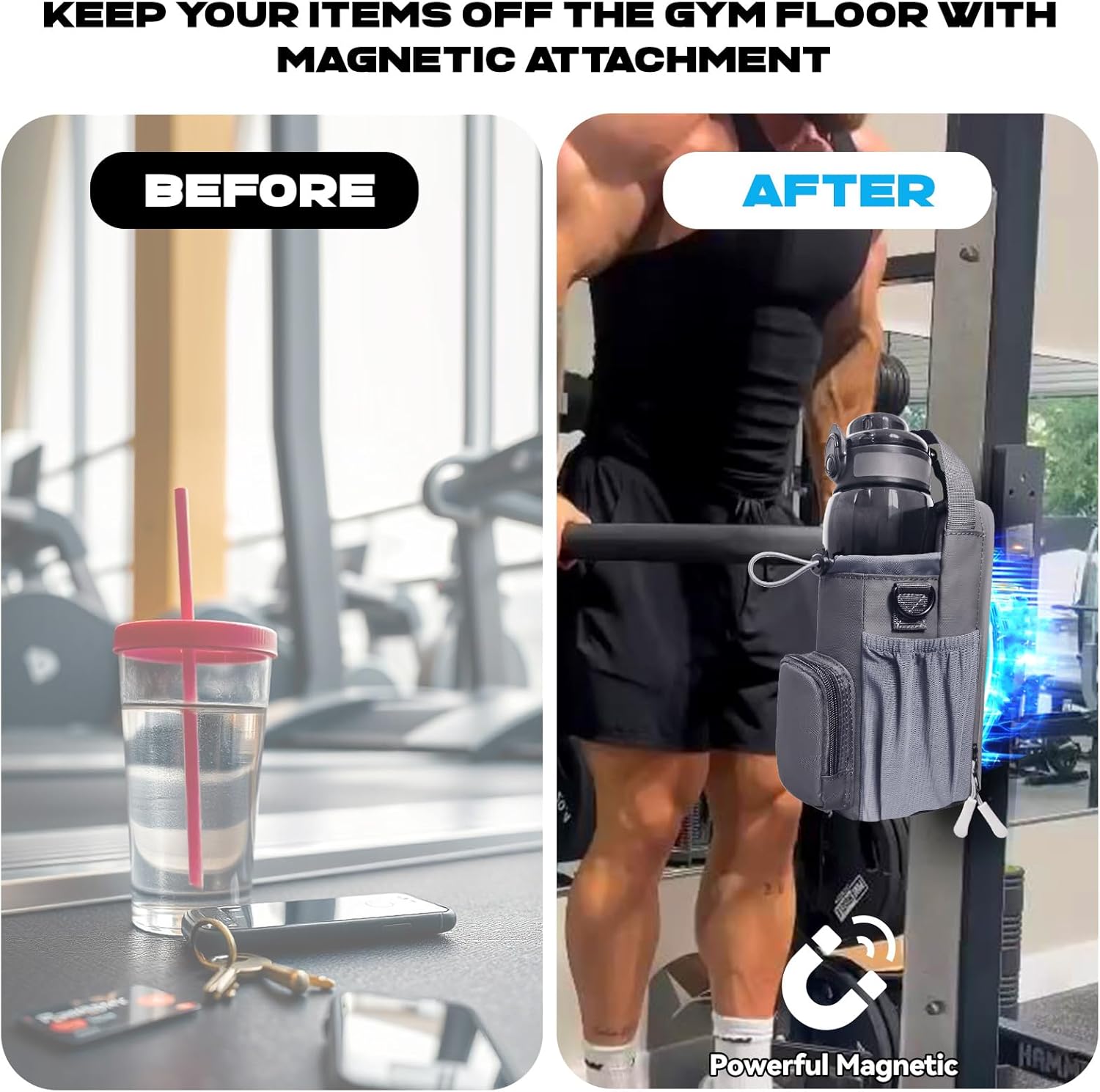 Magnetic Gym Bag for Men and Women, Magnetic Water Bottle Holder for Gym, Small Gym Bag, Gym Gifts for Women and Men (Gray)