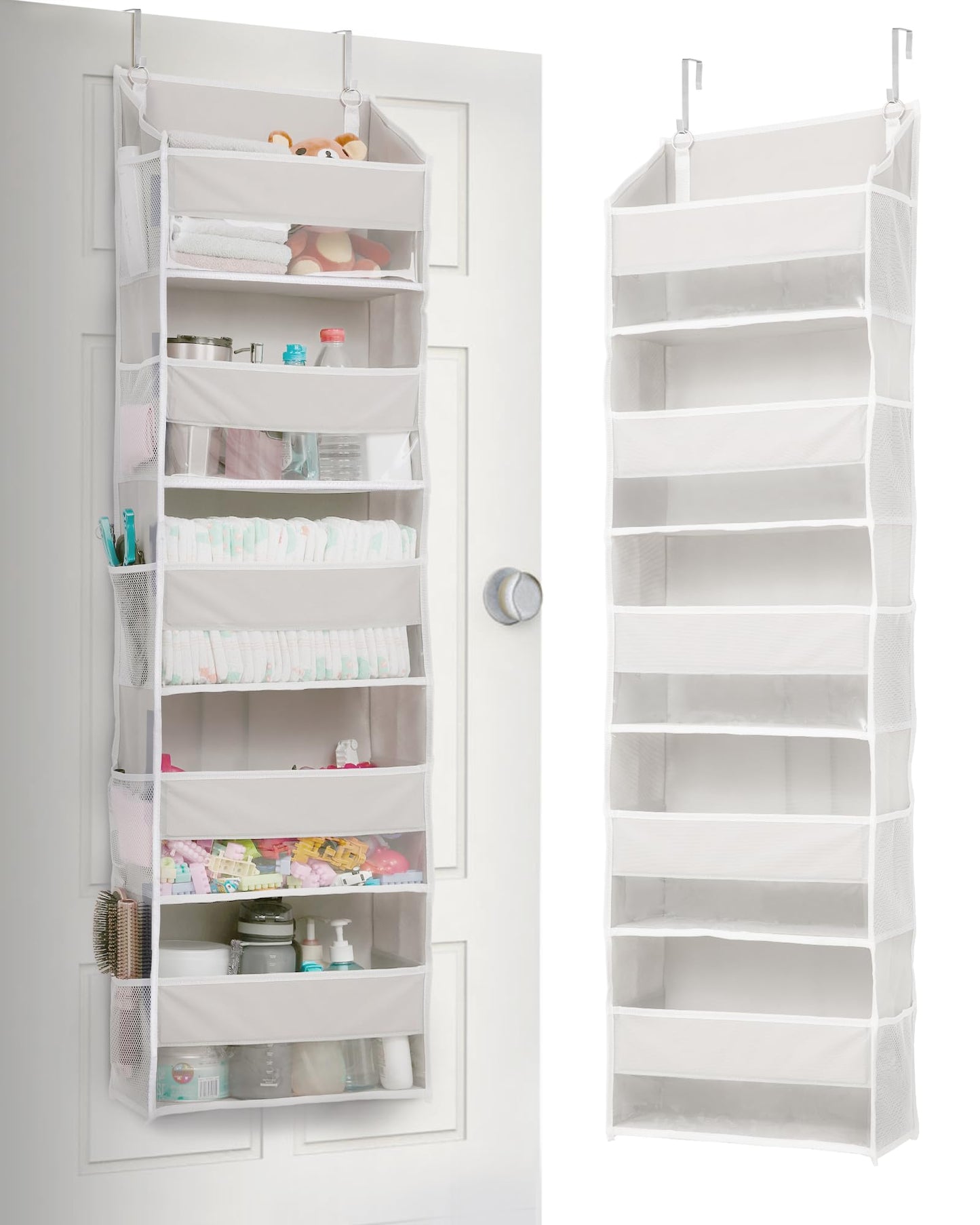 ULG 1 Pack Over Door Organizer with 5 Large Pockets 10 Mesh Side Pockets, 44 lbs Weight Capacity Hanging Storage Organizer with Clear Window Kids Toys, Shoes, Diapers, Dark Grey, 5 Layers