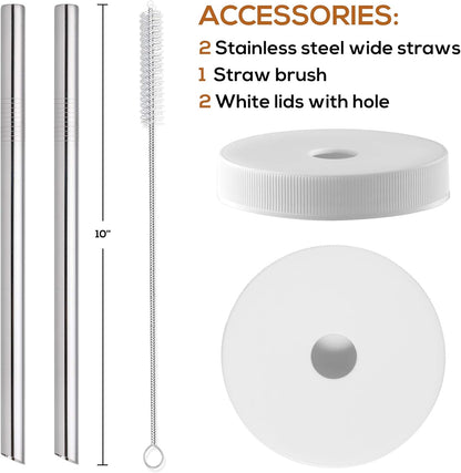 [ 8 Pack ] Glass Juicing Bottles with 2 Straws & 2 Lids w Hole- 16 OZ Travel Drinking Jars, Water Cups with Black Airtight Lids, Reusable Tall Mason Jar for Juice, Bubble Tea, Smoothie, Tea, Kombucha