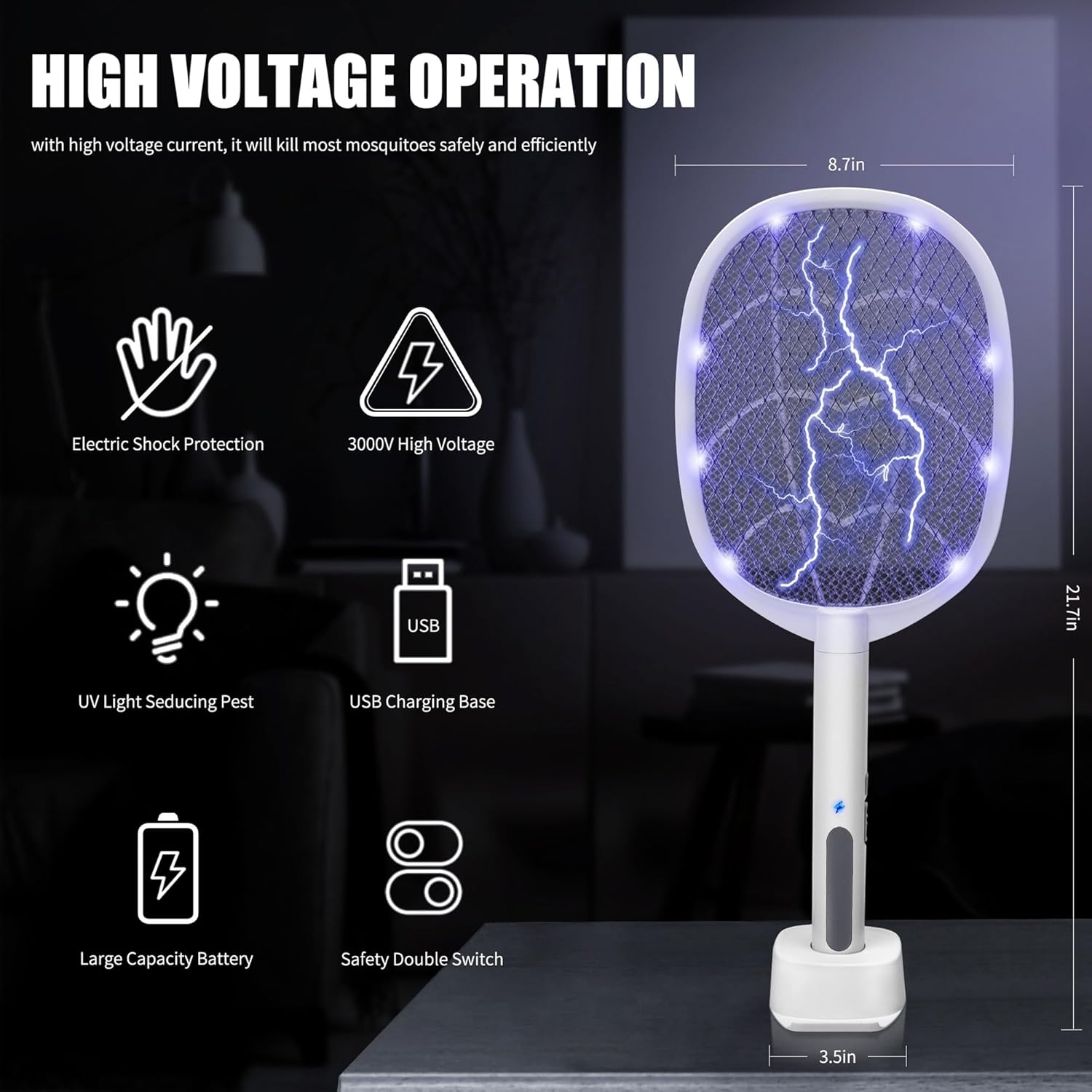 Lulu Home 2-in-1 Electric Bug Zapper Racket, 2 Pack 3000V High Voltage LED Lighted Handheld Mosquito Swatter with 3 Layer Safety Mesh, USB Charging Portable Fly Killer Racquet