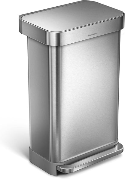simplehuman 45 Liter / 12 Gallon Rectangular Hands-Free Kitchen Step Trash Can with Soft-Close Lid, Brushed Stainless Steel