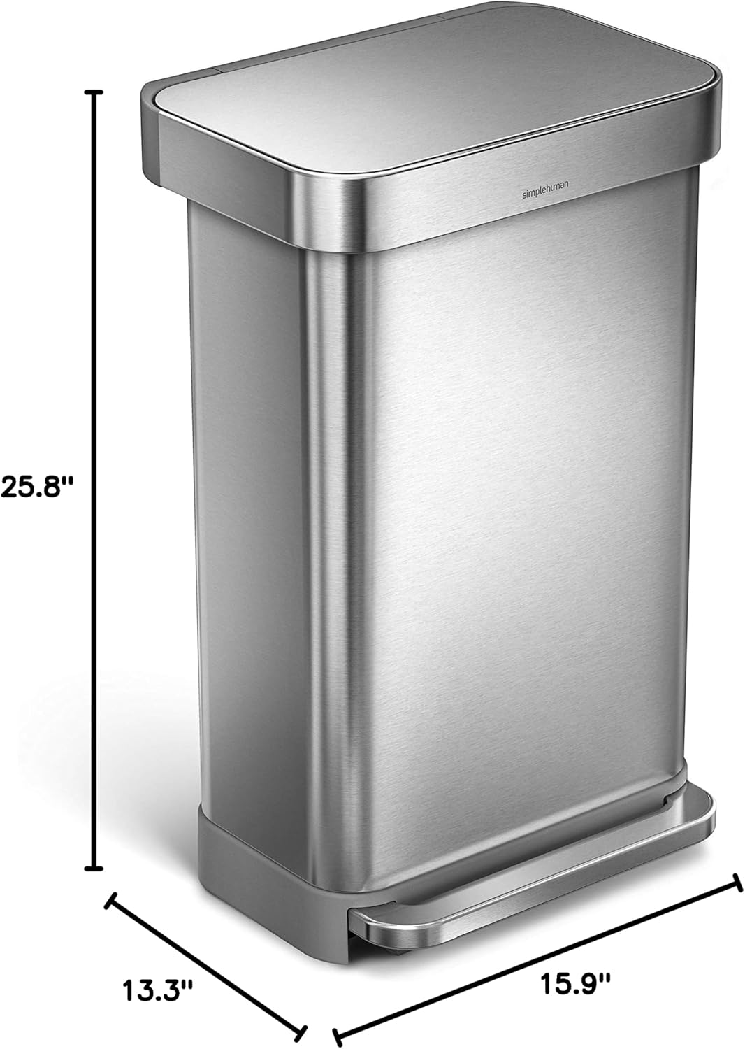 simplehuman 45 Liter / 12 Gallon Rectangular Hands-Free Kitchen Step Trash Can with Soft-Close Lid, Brushed Stainless Steel