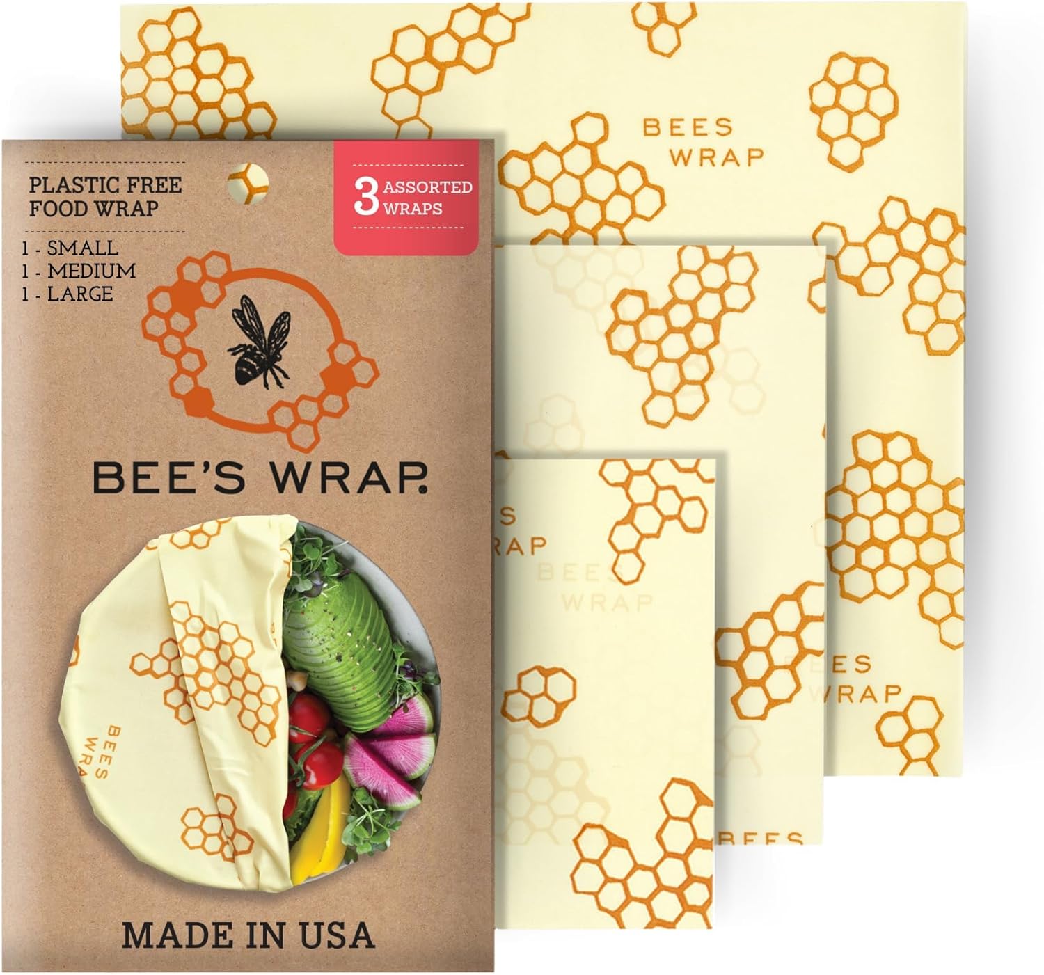 Bee's Wrap Beeswax Wraps for Food - Honeycomb 3 Pack (S, M, L) Made in USA Reusable & Organic Food Wraps, Sandwich Wrap & Bowl Covers - Eco-Friendly Alternative to Aluminum Foil & Plastic Wrap