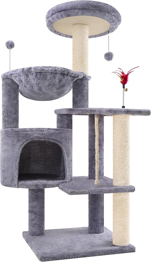 TINWEIUS 42.5'' Cat Tree for Indor Cats, Multifunctional Cat Tower with Cozy Condo, Perches, Scratching Posts and Hammock