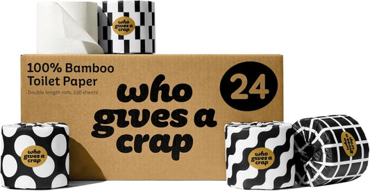 Who Gives A Crap 100% Bamboo Toilet Paper, 24 Rolls, 3 Ply, 330 Sheets, Long, Strong & Soft Toilet Tissue, Sustainable, Biodegradable, Renewable, Tree Free Bathroom Tissue Made with Bamboo Fibers
